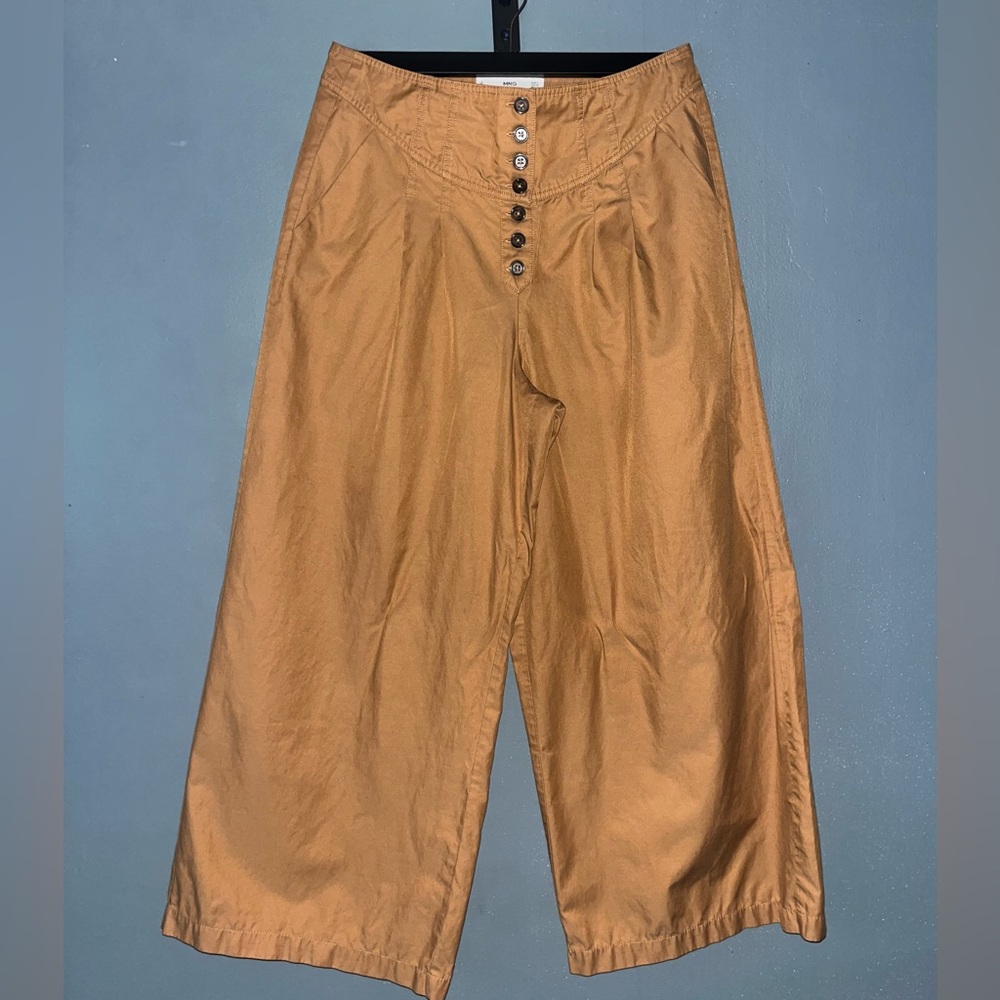 MANGO Khaki Brown Wide-Leg Button-Up Pants